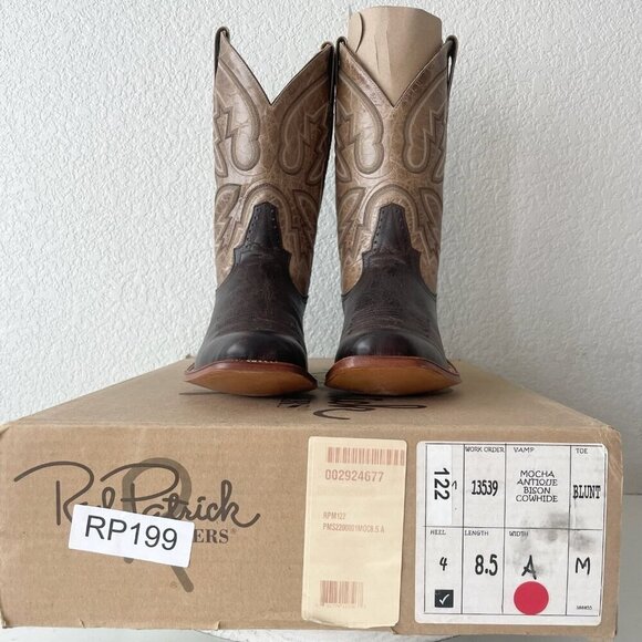 Rod Patrick Mens Cowboy Boots 8.5A Antique Mocha Bison Brown Western Blunt Toe - Picture 12 of 13